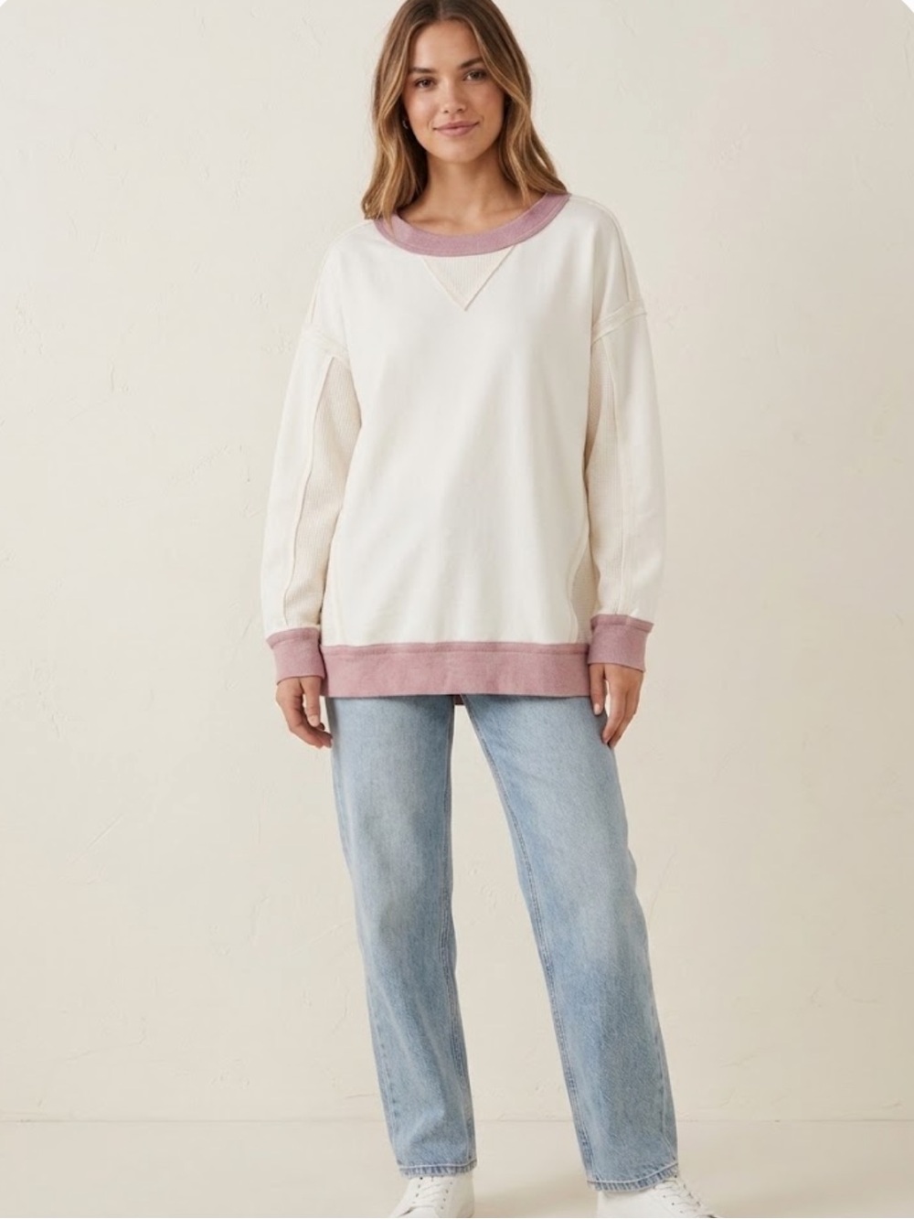 White Birch Womens Cream Pullover Oversized Sweatshirt with Dusty Pink Trim NWOT